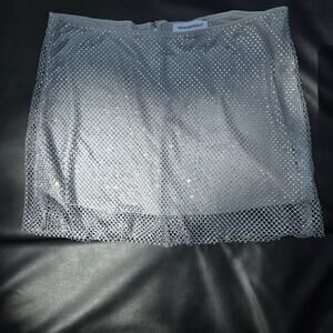 Revolve WeWoreWhat Festival Rave Disco Silver Crystal Sheer Mesh Mini Skirt 14